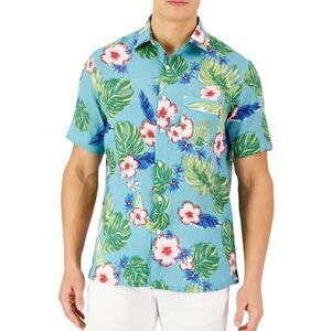 Club Room Luxury Short-Sleeve Tropical 100% Linen Button Up Shirt Size L